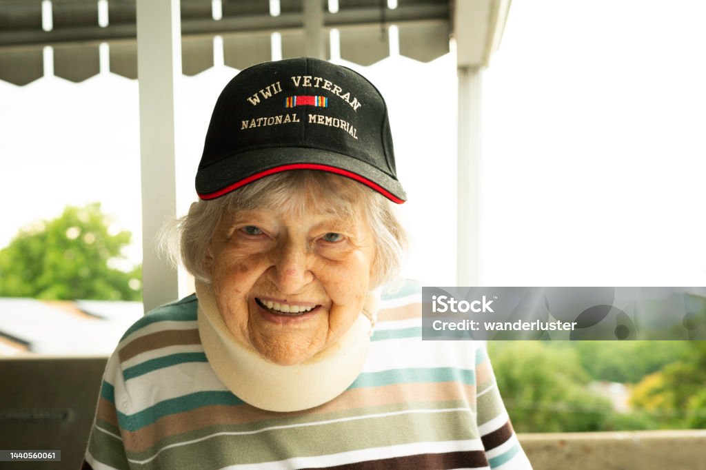 Female WWII vet wearing her commemorative WWII Veteran hat, Pennsylvania, USA